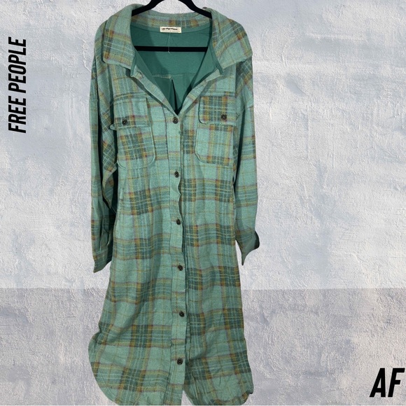 FREE PEOPLE LONG RUBY PLAID JACKET IN GREEN COMBO NEW LARGE - Picture 6 of 8